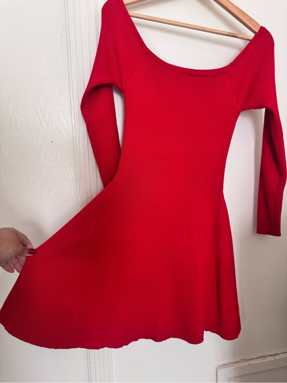 Red Ribbed Fit-and-Flare Long Sleeve Dress